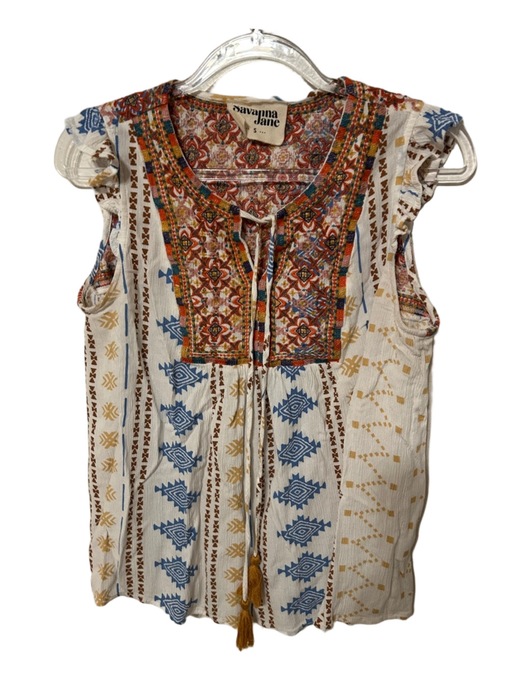 🐕🦺Savanna Jane White Sleeveless Boho Embroidered Tassel Top size S GUC